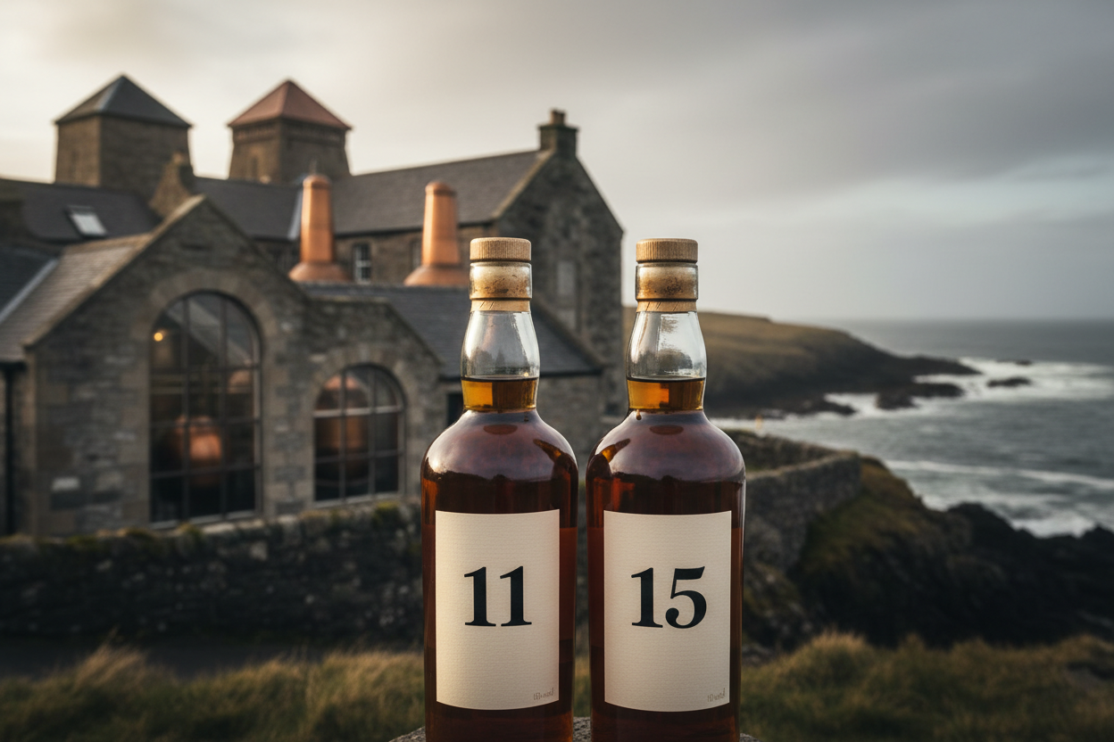 שני בקבוקים מסתוריים ללא שם על התווית אבל עם ציוני גיל. אחד בן 11 והשני בן 15. על רקע מזקקה באי איילה