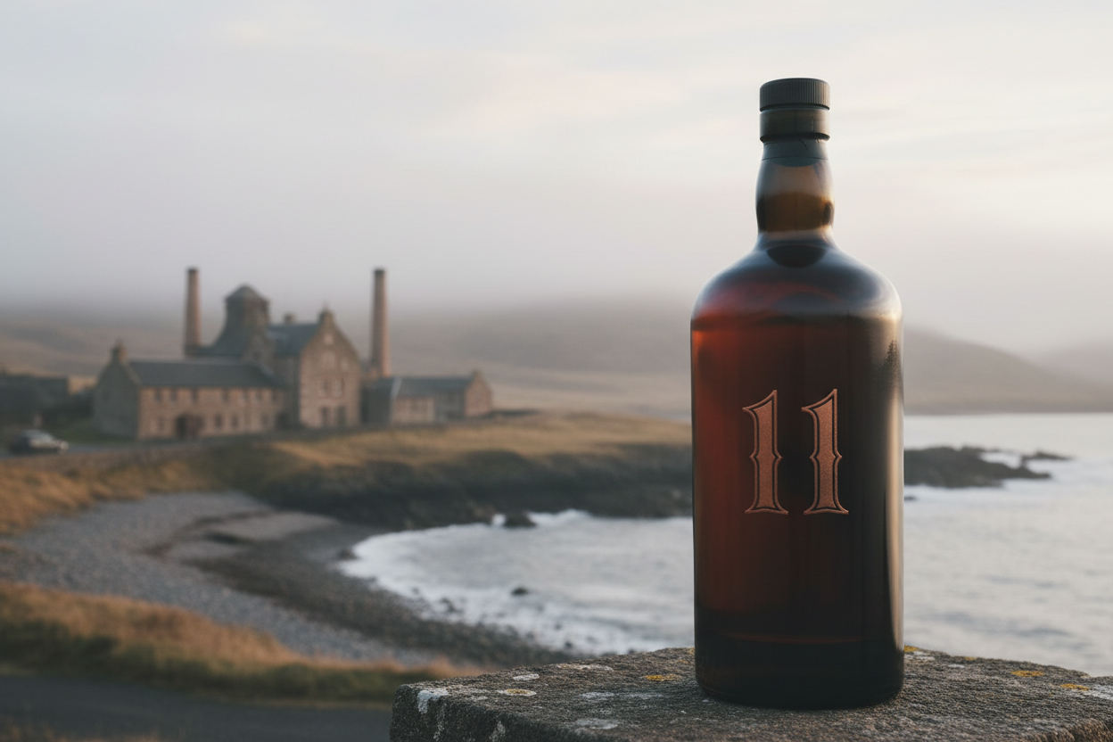 בקבוק מסתורי ללא שם על התווית אבל עם ציון גיל 11, על רקע מזקקה באי איילה