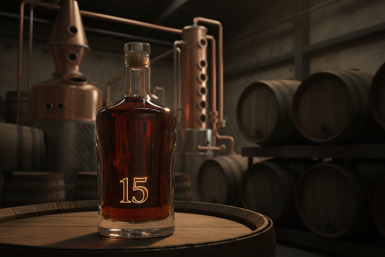 בקבוק מיסתורי ללא תווית אבל עם הצהרת גיל 15 על רקע מזקקה באיילה